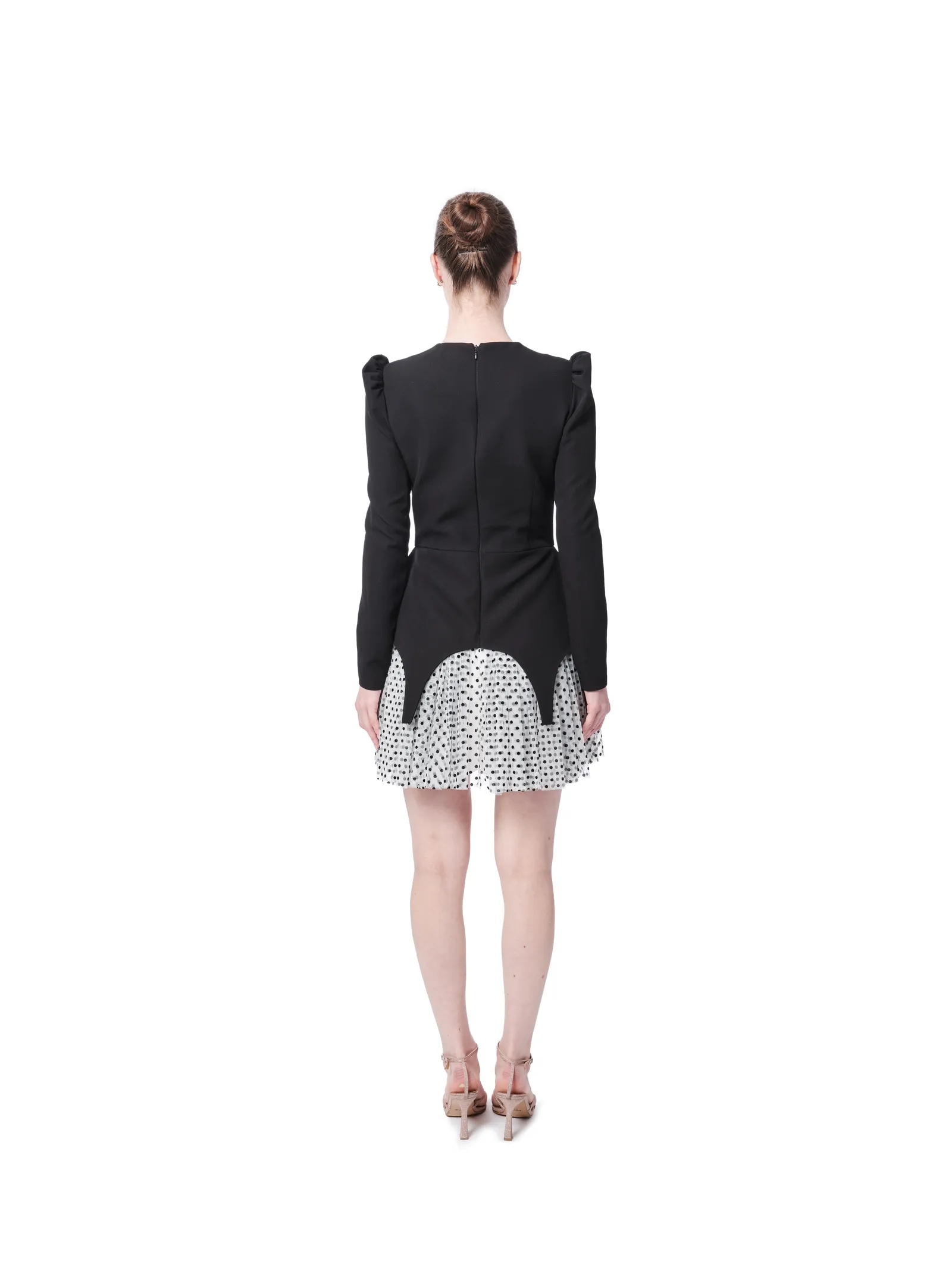 Polka dot dress long sleeve puff shoulder back
