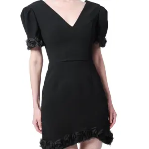 Puff sleeve dress V-neck floral detail hem