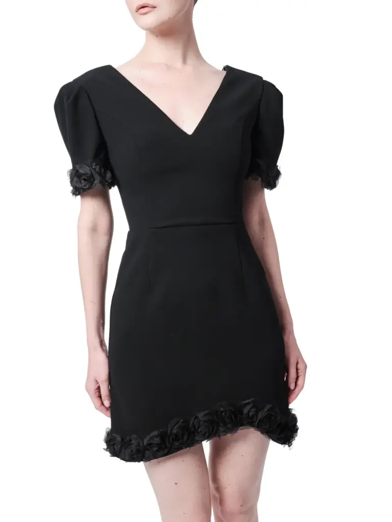 Puff sleeve dress V-neck floral detail hem