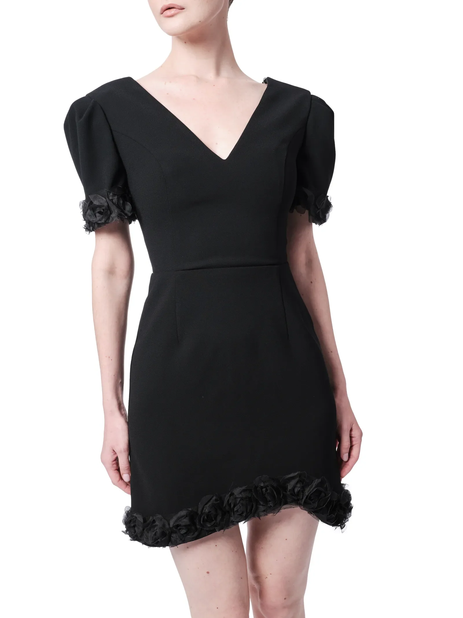 Puff sleeve dress V-neck floral detail hem