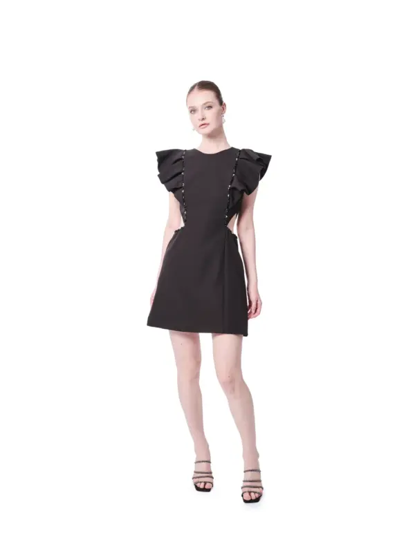 Black Ruffle Sleeve Cocktail Dress Side Cutout