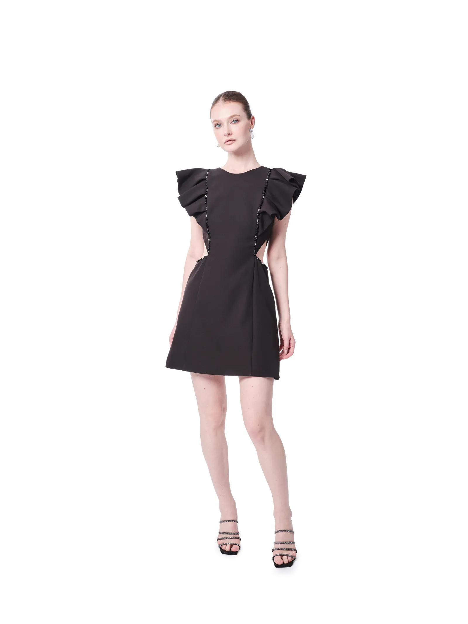 Ruffle shoulder short cocktail dress with side cutout