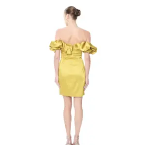 Satin cocktail dress off shoulder ruffle fitted