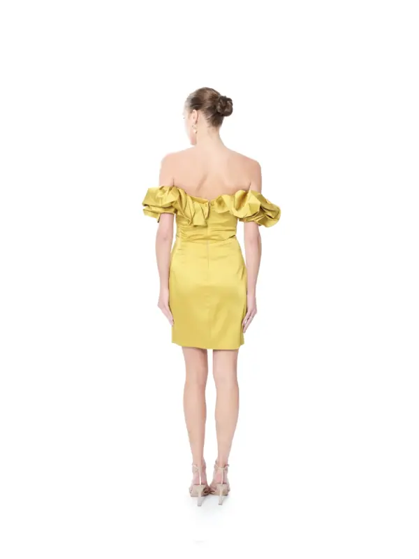 Satin cocktail dress off shoulder ruffle fitted