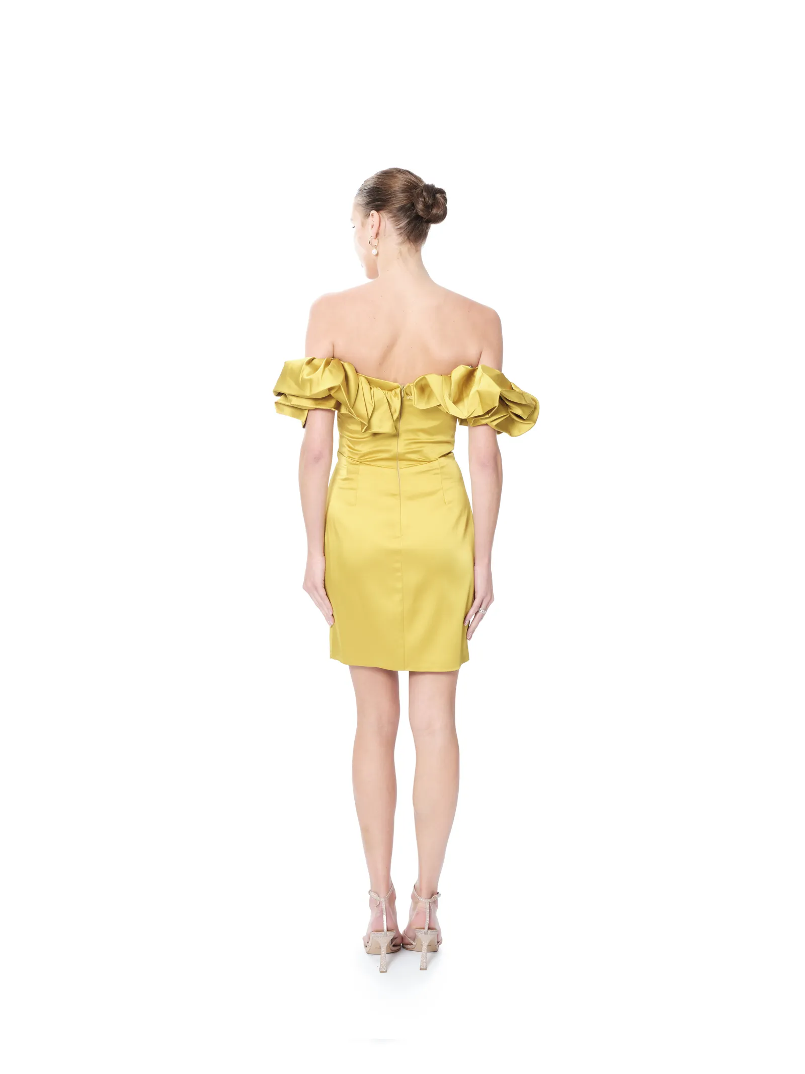 Satin cocktail dress off shoulder ruffle fitted