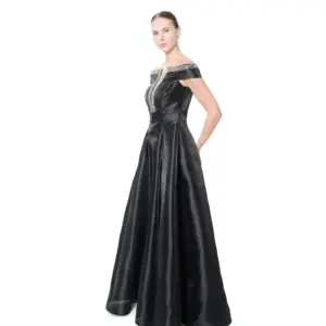 Satin evening gown off shoulder beaded V-neck