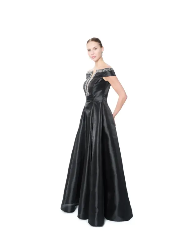 Satin evening gown off shoulder beaded V-neck