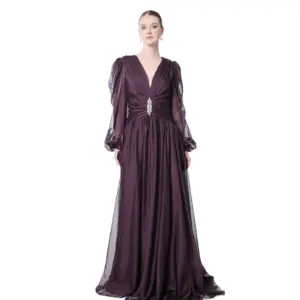Sheer evening dress long sleeve V-neck