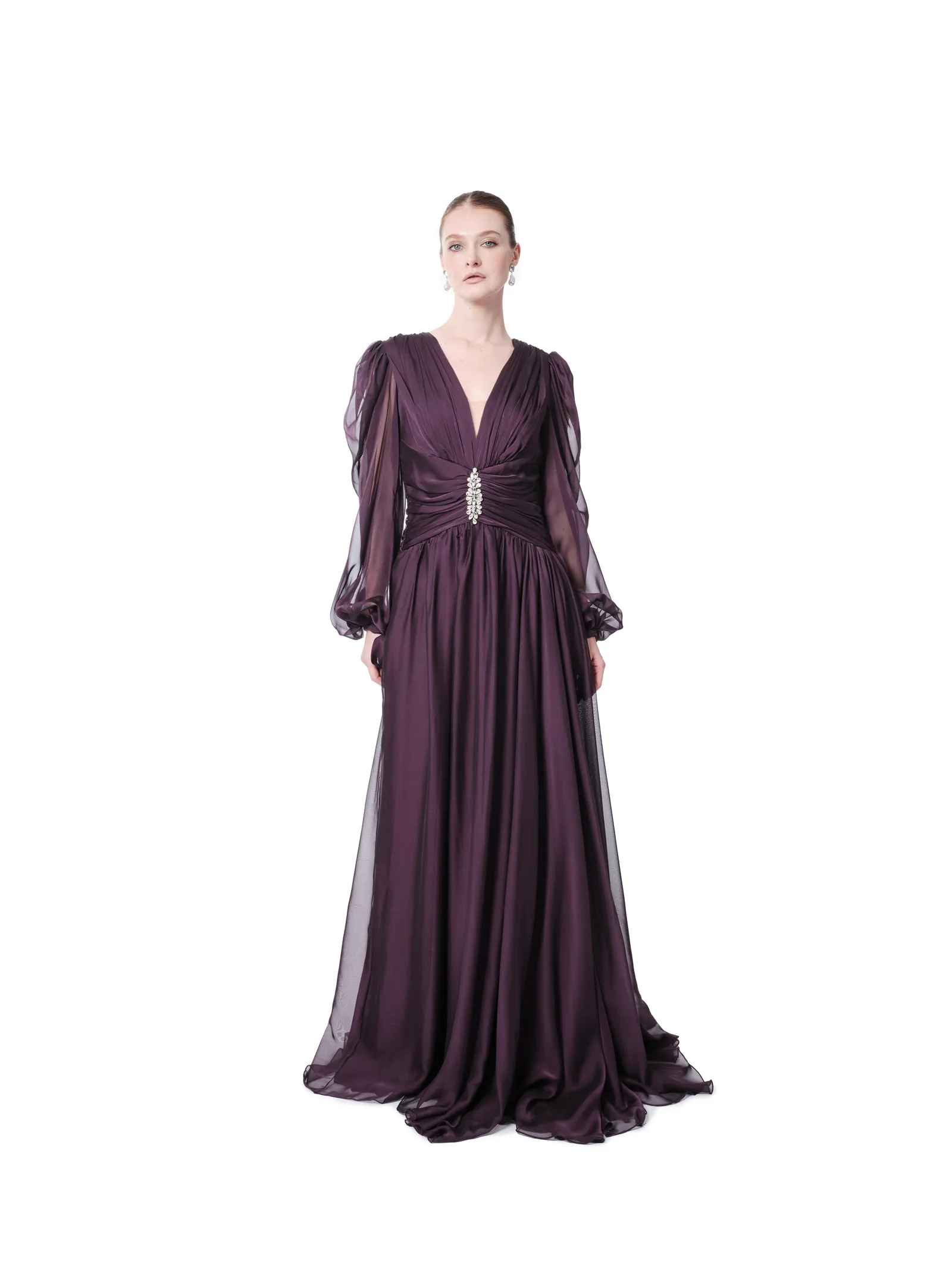 Sheer evening dress long sleeve V-neck