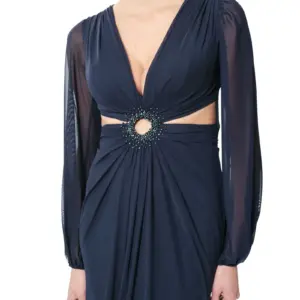 Sheer evening gown long sleeve beaded cutout
