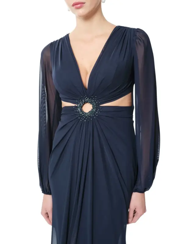 Sheer evening gown long sleeve beaded cutout