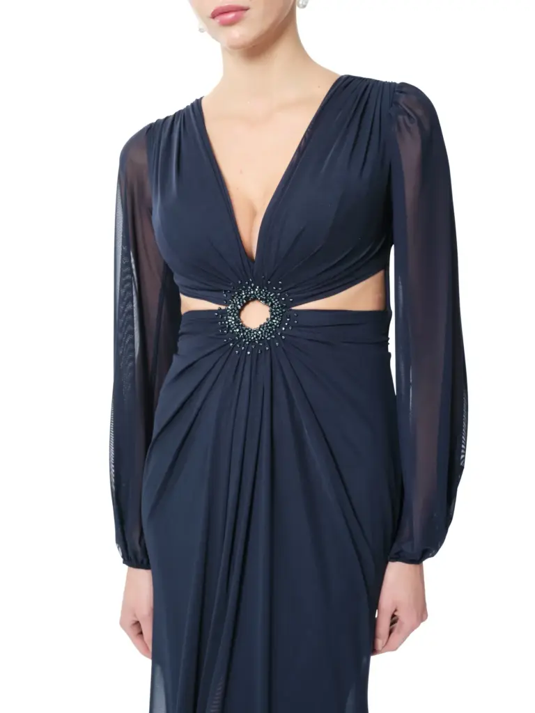 Sheer evening gown long sleeve beaded cutout