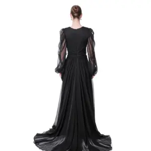 Sheer evening gown long sleeve crystal waist