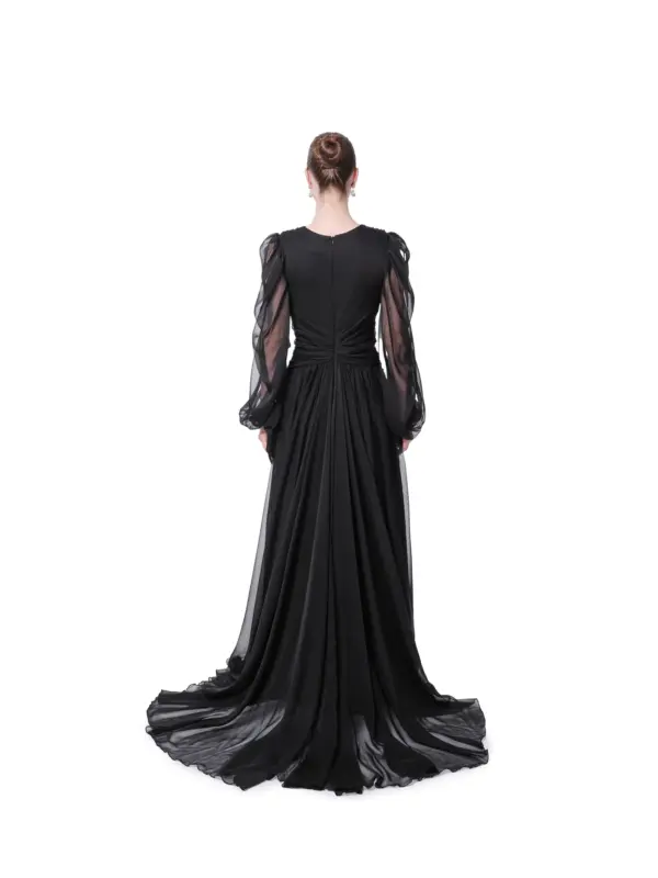 Sheer evening gown long sleeve crystal waist