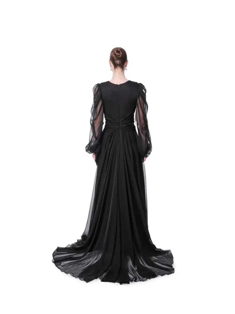 Sheer evening gown long sleeve crystal waist