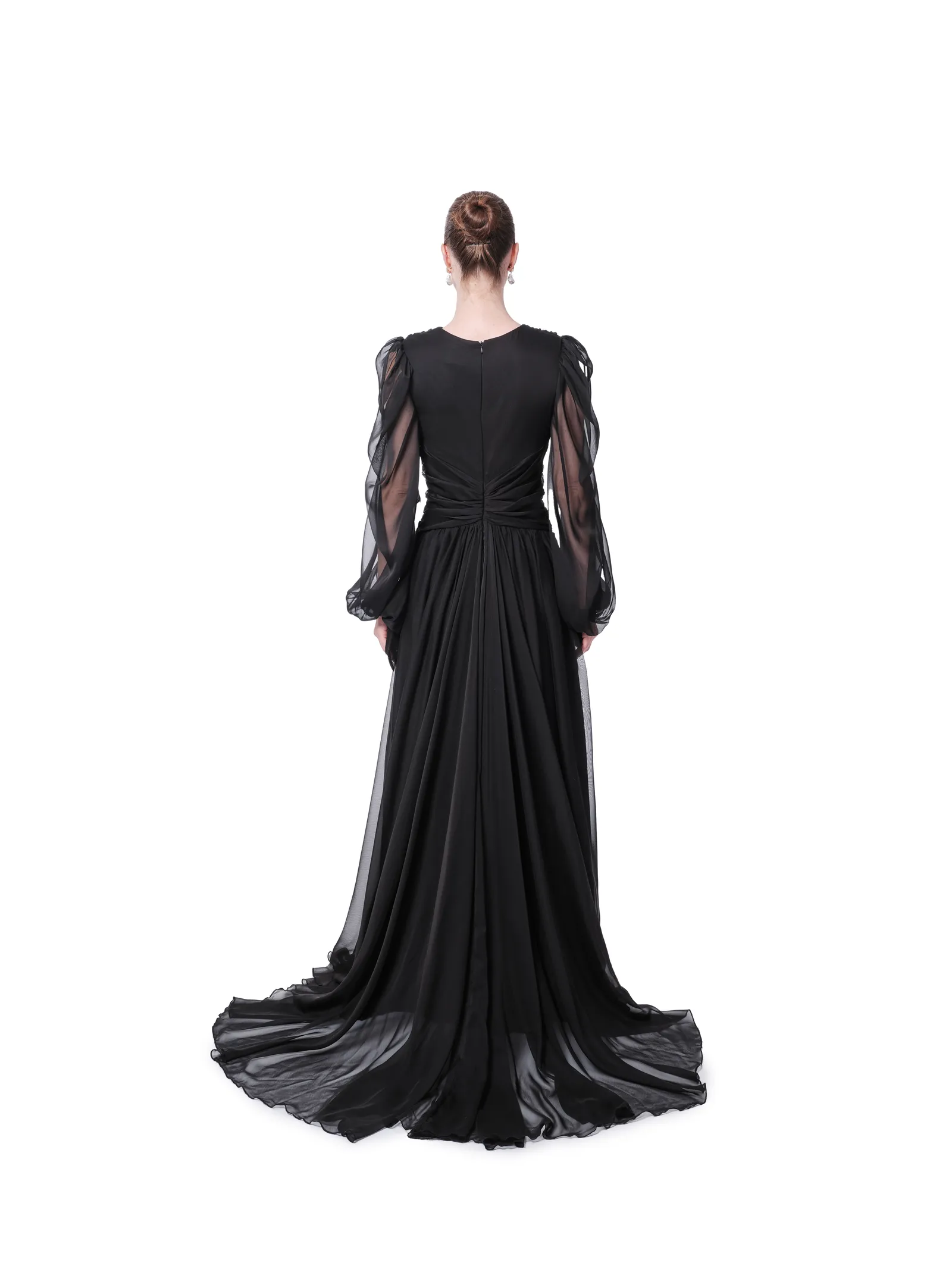 Sheer evening gown long sleeve crystal waist
