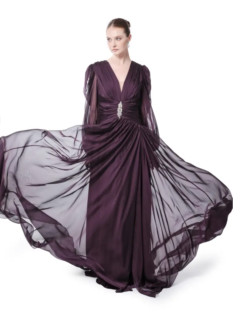 Sheer gown long sleeve V-neck crystal