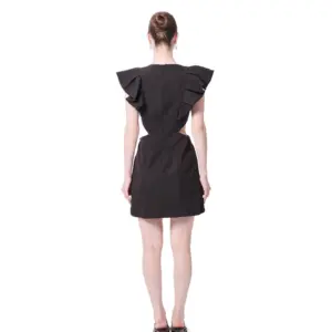 Short cocktail dress ruffle shoulder side cutout