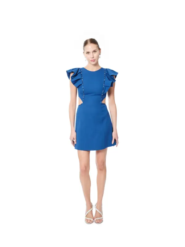 Short cocktail dress ruffle shoulder fitted
