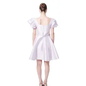 Short cocktail dress square neck puff sleeve