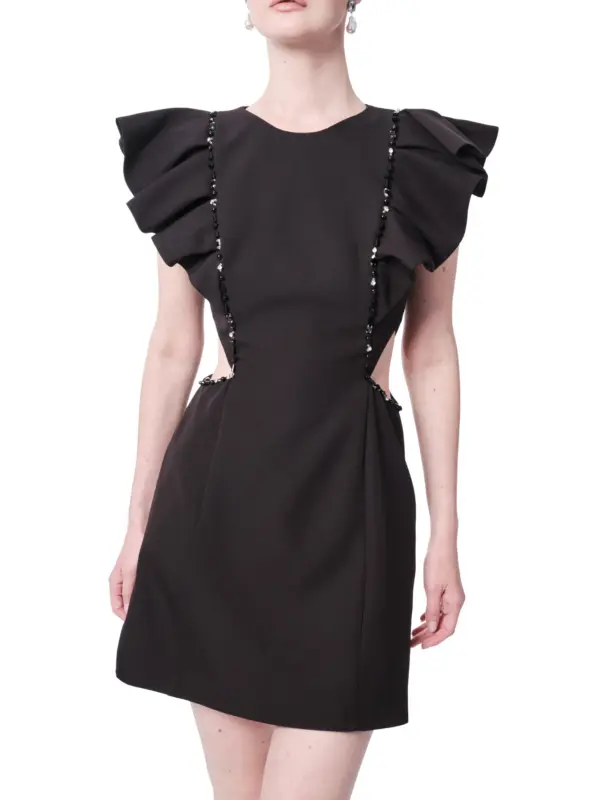 Side cutout cocktail dress ruffle shoulder