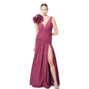 Sleeveless long evening gown with floral shoulder V-neck and high slit