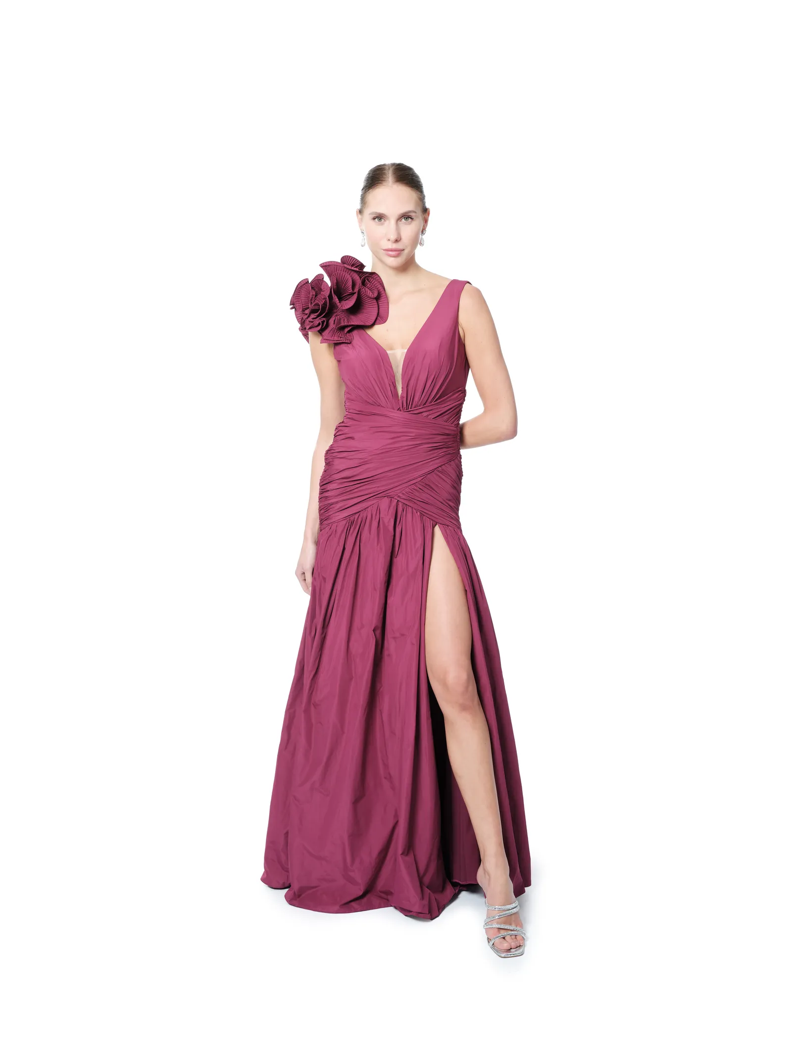 Sleeveless long evening gown with floral shoulder V-neck and high slit