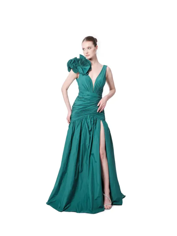 Sleeveless gown floral shoulder high slit