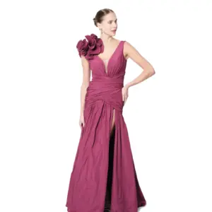 Sleeveless gown floral shoulder V-neck slit