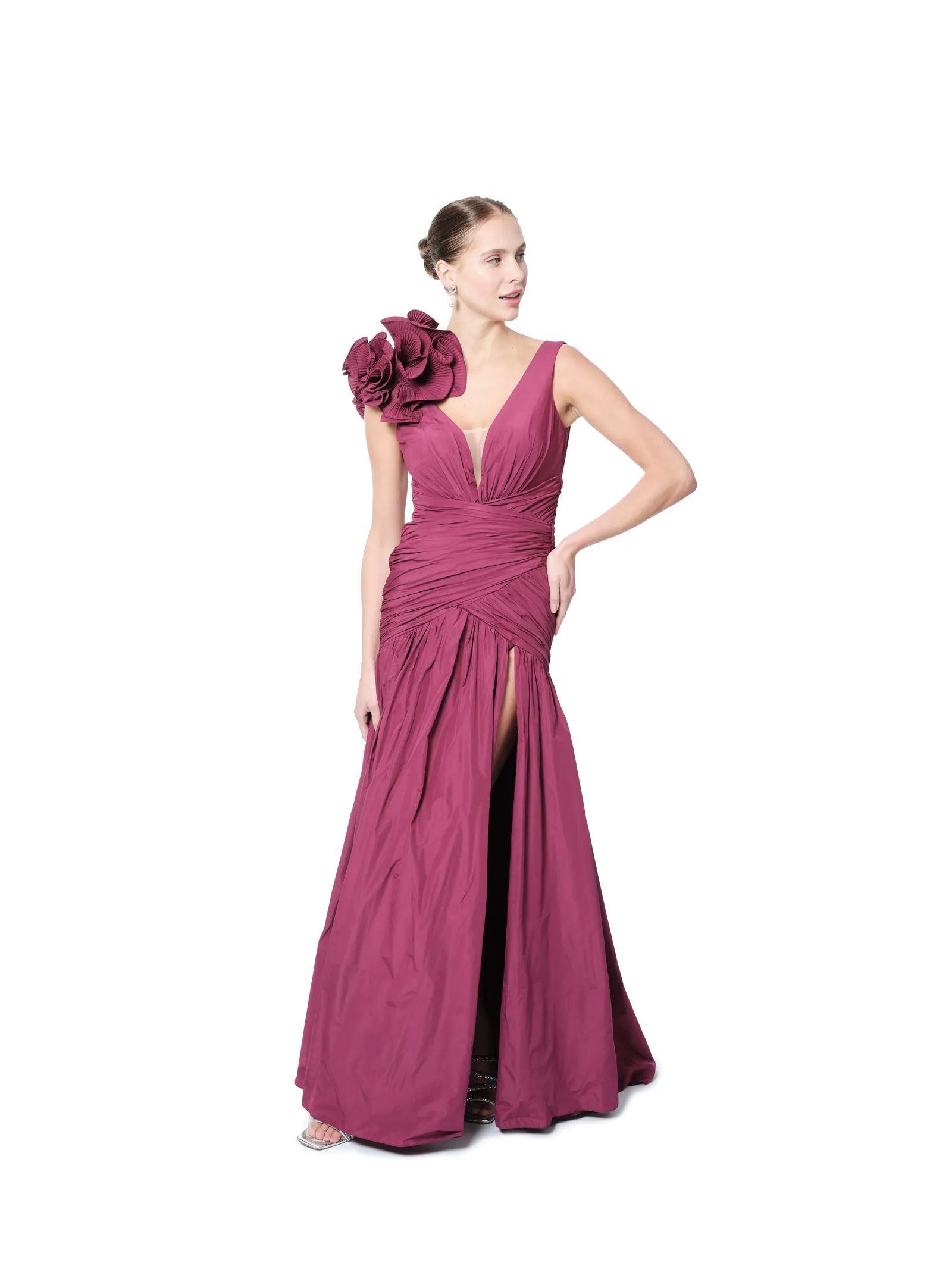 Sleeveless gown floral shoulder V-neck slit