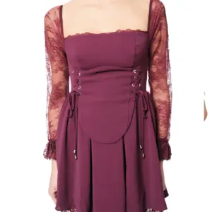 Square neck lace dress long sleeve pleated back