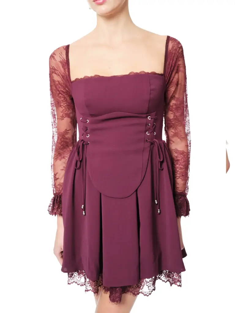 Square neck lace dress long sleeve pleated back