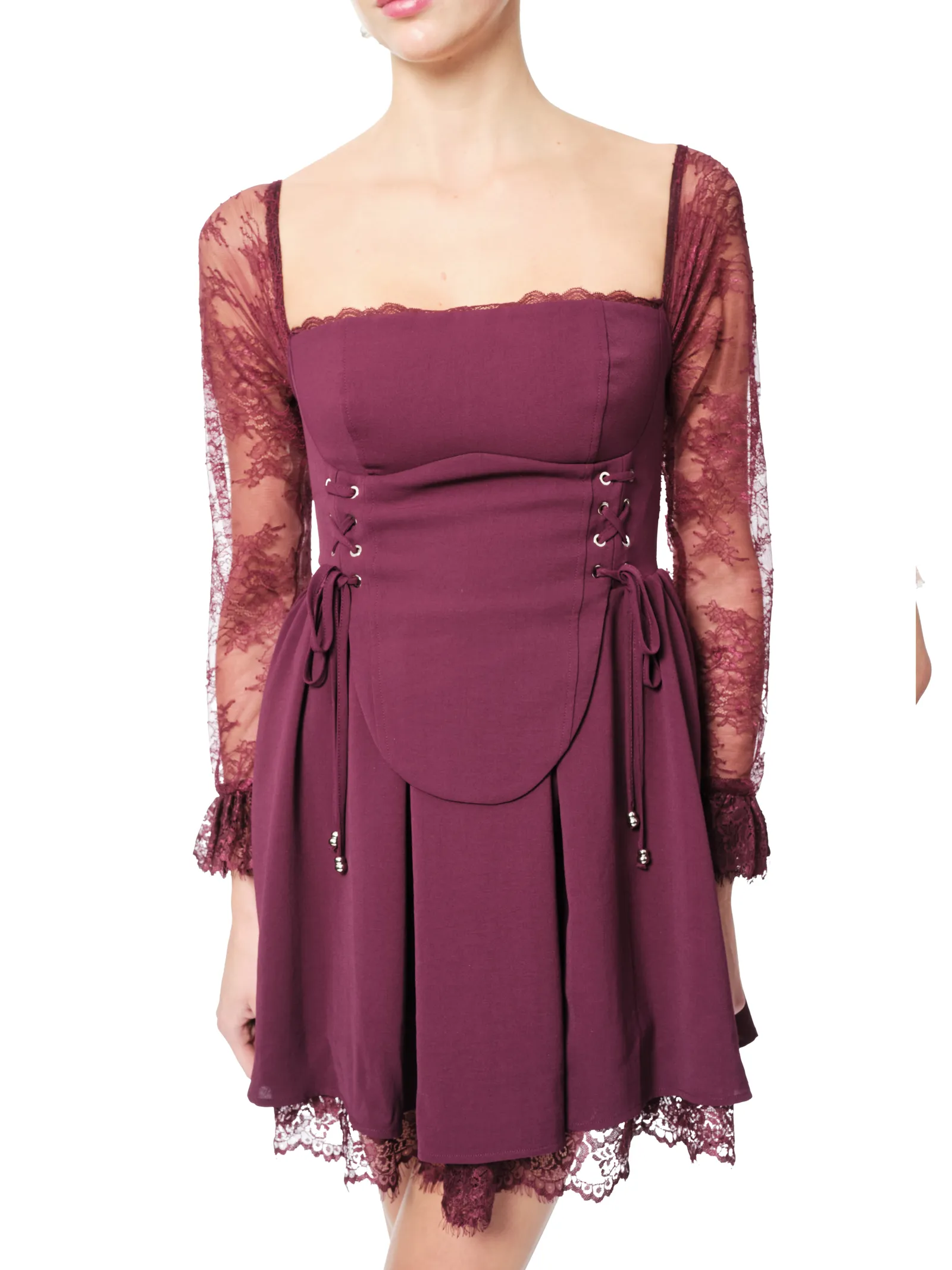 Square neck lace dress long sleeve pleated back