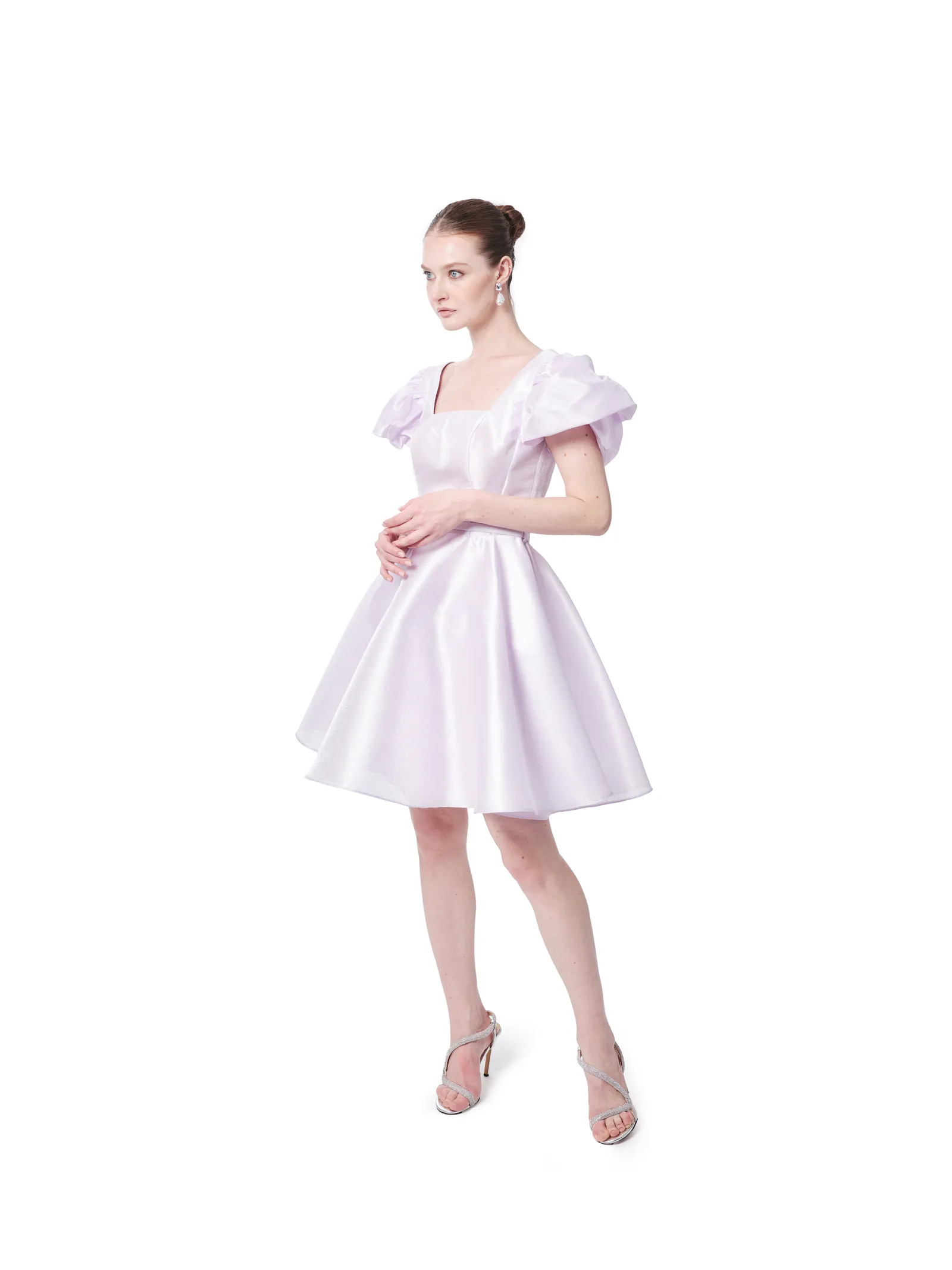 Square neck party dress puff sleeve hem