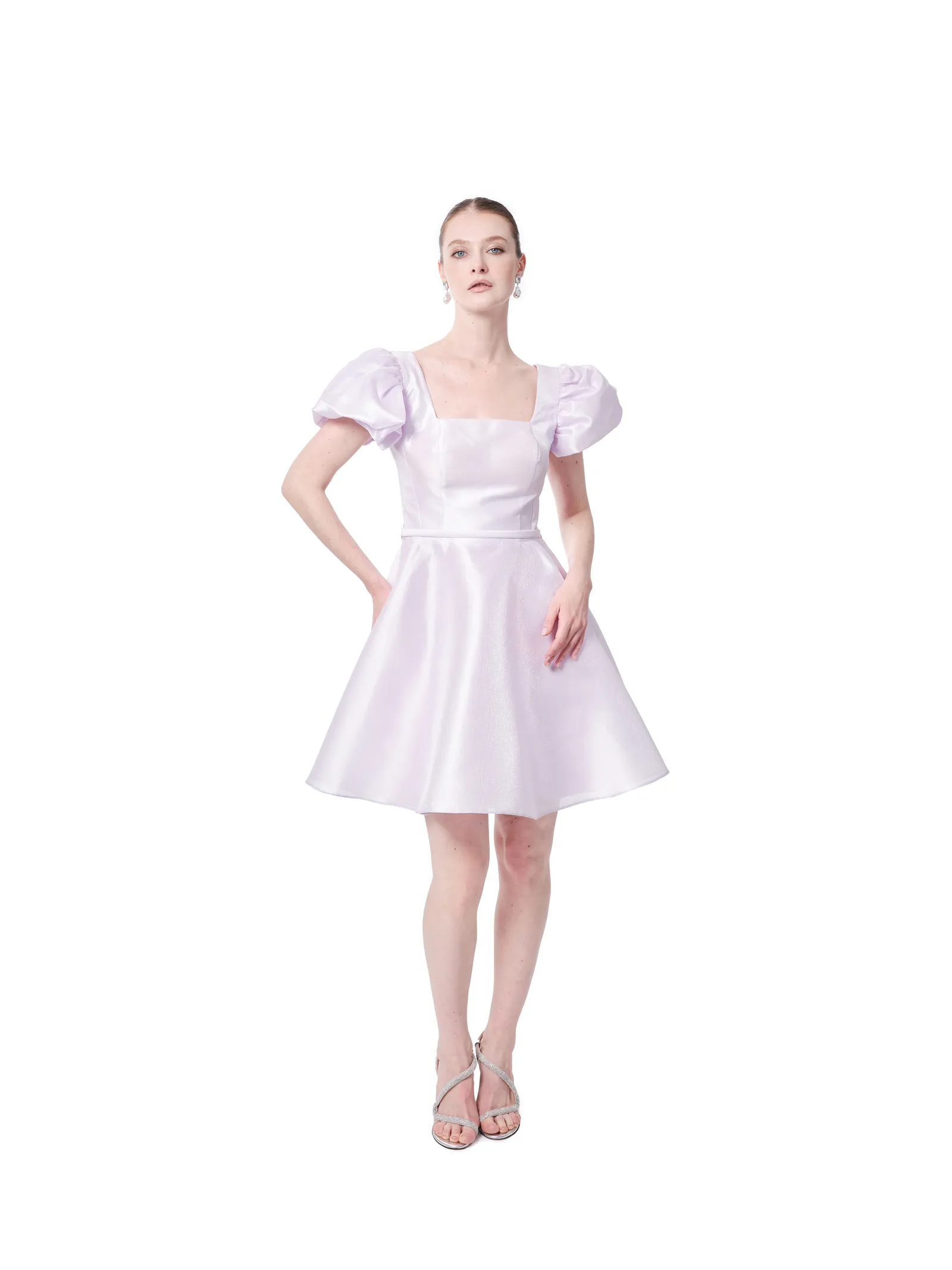 Square neck puff sleeve cocktail dress with flared hem