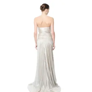 Strapless evening gown metallic pleated waist