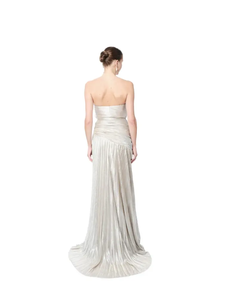 Strapless evening gown metallic pleated waist