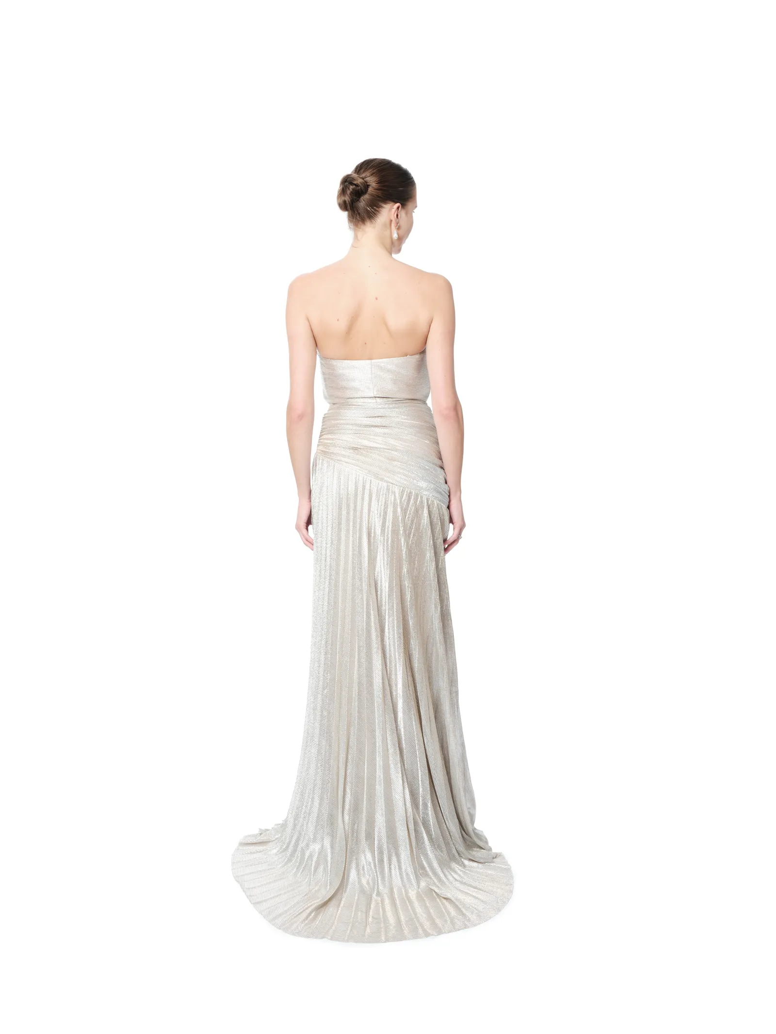 Strapless evening gown metallic pleated waist