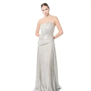 Strapless formal gown metallic draped waist