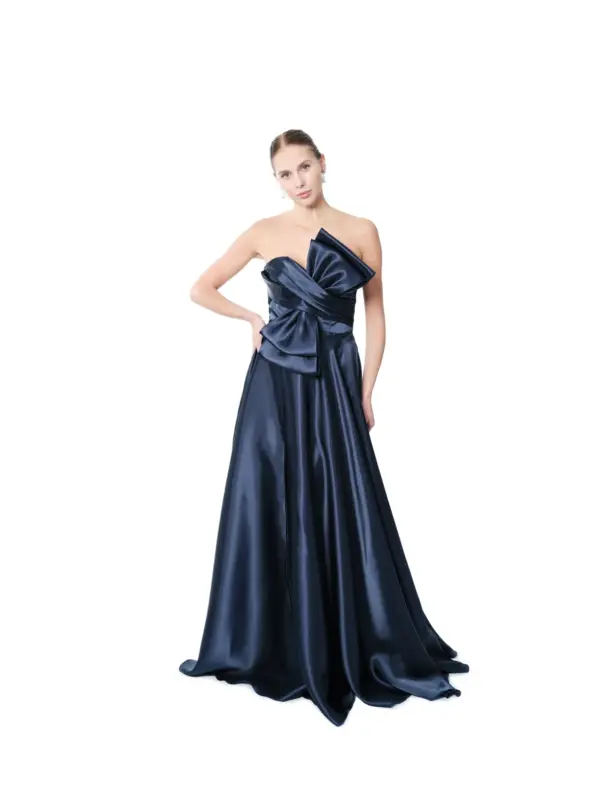 Strapless gown bow accent formal high slit