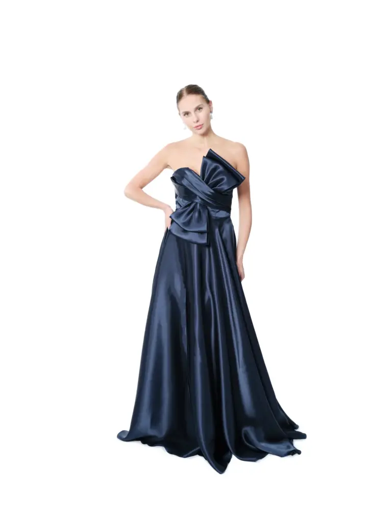 Strapless gown bow accent formal high slit