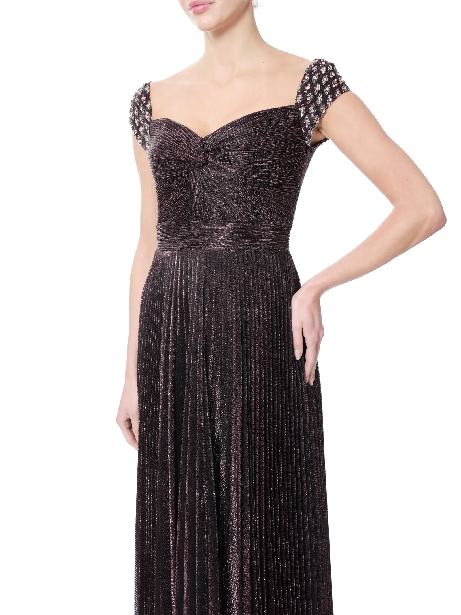 Sweetheart neckline evening gown metallic pleated