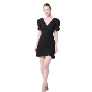 V-neck puff sleeve short dress with floral embellished hem