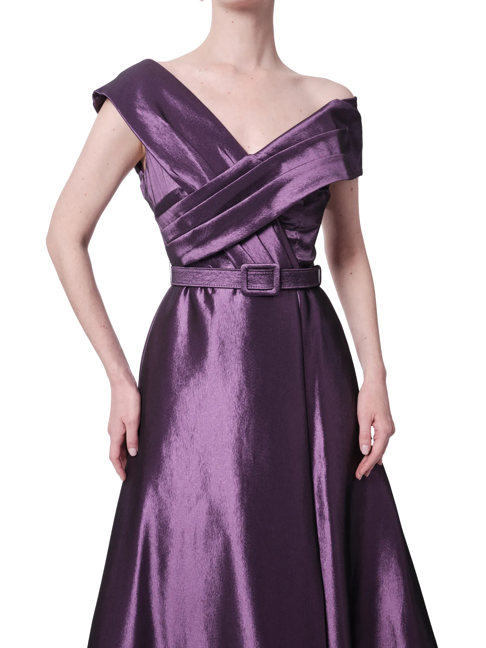 Wrap bodice evening gown off shoulder belt