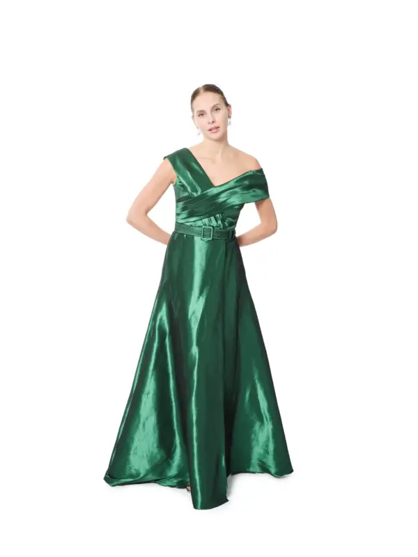 Green Off Shoulder Satin Evening Gown Wrap Bodice